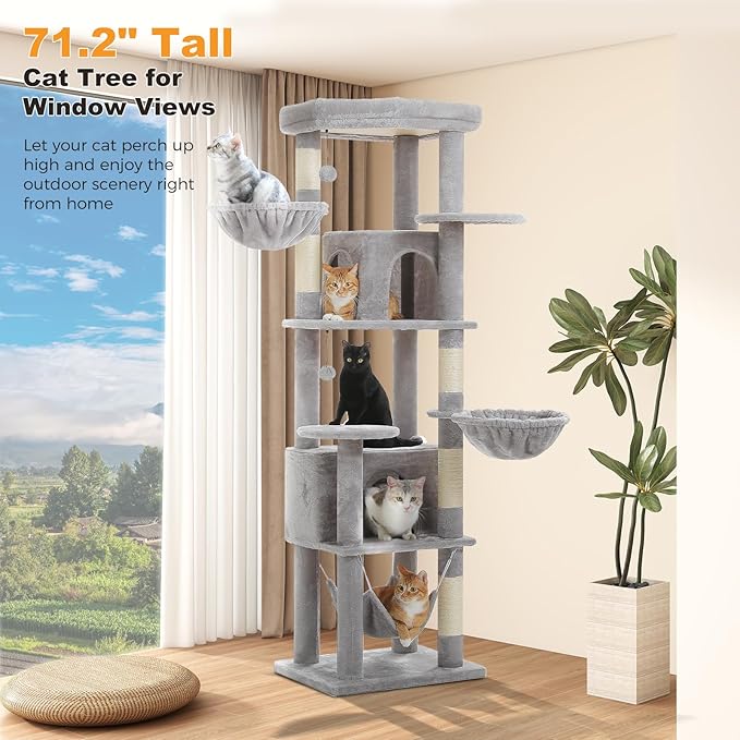 71.2" Tall Cat Tree for Indoor Cats - 9-Level Multi-Cat Tower w/5 Sisal Scratching Posts, 2 Condos, 3 Hammocks, Perch & Pom Poms - Heavy-Duty for Adult Cats, Space-Saving Plush Gray-PurrikoPets