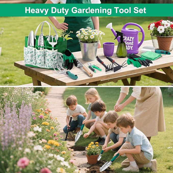 Garden Tool Set for Women, 12pcs Heavy Duty Gardening Tools, Cute Gardening Supplies Gifts for Women Mom, Garden Hand Tools with Fashion Organizer Handbag, Garden Tools for Gardening, Planting, Green-PurrikoPets