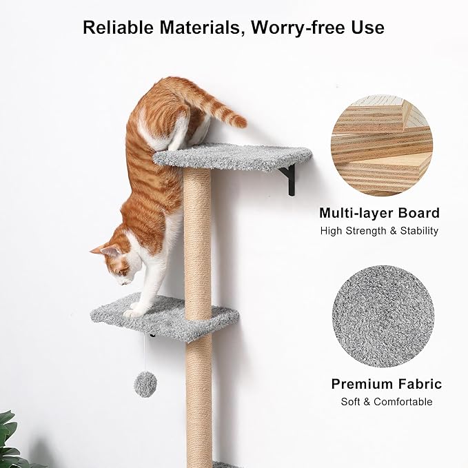 FUKUMARU Cat Wall Shelves, Stable & Safe 4 in 1 Cat Furniture Set, Wooden Climbing Wall with Scratching Post for 16 Inch Drywall - Light Gray-PurrikoPets