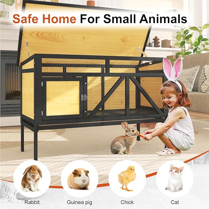 46.7" Rabbit Cage Elevated Bunny Cage Indoor, Outdoor Rabbit Hutch Hamster Cages for Small Animals, Wooden Guinea Pig Cages with Removable Tray & Waterproof Asphalt Roof & Bottom Wire Mesh-PurrikoPets