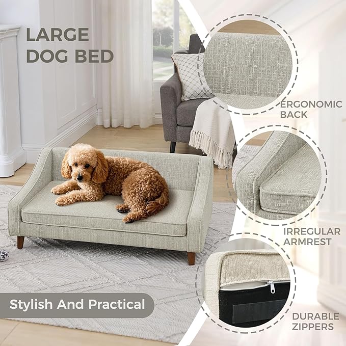 Dog Sofa Couch for Medium to Large Dogs, Durable Pet Sofa with Washable Fabric, Elevated Mini Dog Bed with Wooden Legs for Medium and Large Dogs, Beige-PurrikoPets