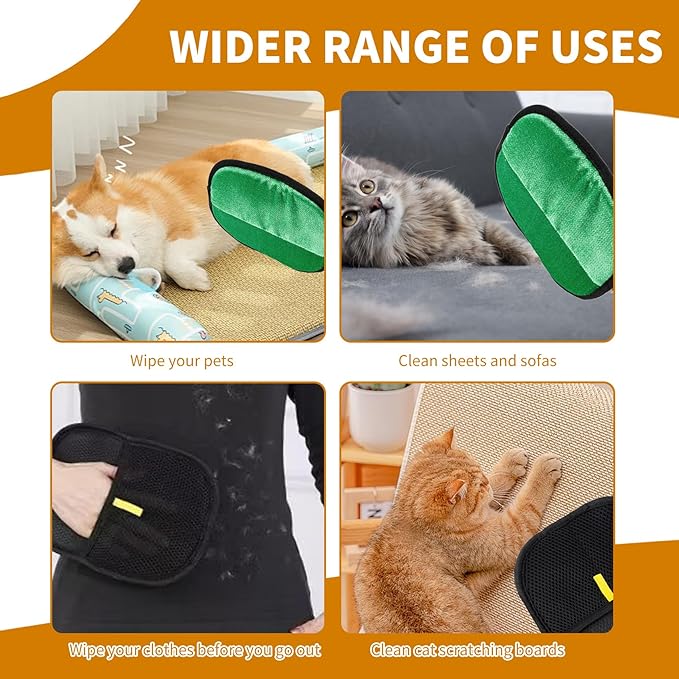 2PCS Electrostatic Pet Grooming Gloves, Reusable Hair Remover for Dog Cat Fur on Clothes Furniture Car Seat/Green-PurrikoPets
