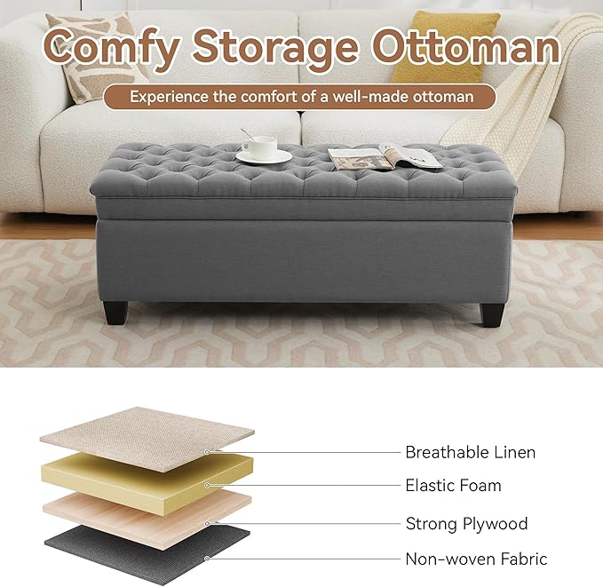51" Fabric Storage Ottoman Bench, Upholstered Rectangle End of Bed Storage Ottoman Tufted Living Room Bedroom Bench with Safety Hinge, Solid Wood Legs, Loads 500 lb(Dark Grey)-PurrikoPets