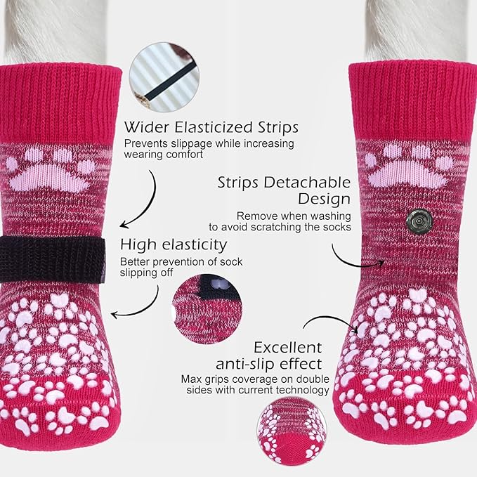 EXPAWLORER Anti Slip Dog Socks to Prevent Licking Paws, Dog Shoes for Hot Pavement, Dog Booties for Small Medium Large Senior Dogs, Traction Control Boots & Paw Protectors for Hardwood Floors Rose-PurrikoPets