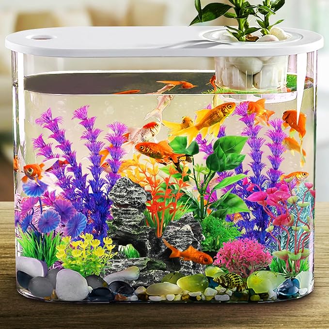 Fish Tank Accessories Aquarium Decorations Plants, 9pcs Colorful Fish Tank Artificial Plants and Cave Rock Decor Set, Aquarium Decor Plastic Plants-PurrikoPets