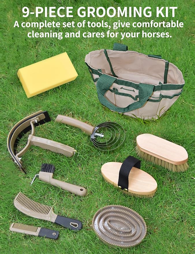 9 Pieces Horse Grooming Kit, Tack Room Supplies Set with Tote Bag, Horse Brush Set for Effective Cleaning and Bathing, Professional Equine Coat Care Kit for Horse Riders Beginner-PurrikoPets