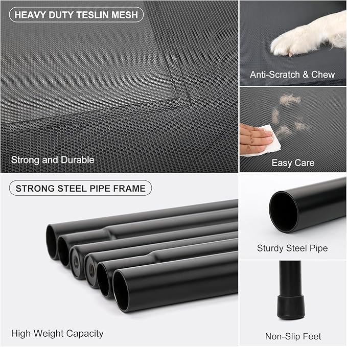 50" Lx35 Wx8 H Cooling Elevated Dog Bed for Large Dogs with Non-Slip Floor Protectors & Breathable Mesh, Raised Indoor & Outdoor Dog Cot Pet Hammock, Grey-PurrikoPets