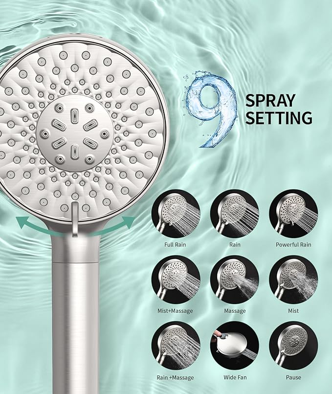 Filtered Shower Head with Handheld, High Pressure 9 Spray Mode Brushed Nickel Showerhead with Filters, detachable shower head,Water Softener Filters Beads for Hard Water - Remove Chlorine-PurrikoPets