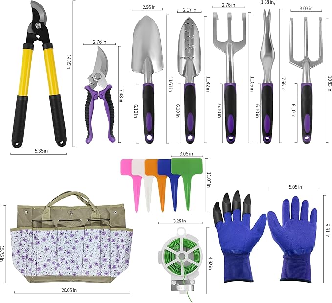 41-Piece Premium Gardening Tool Set, Stainless Steel Heavy Duty Gardening Tool Kit, with Non-Slip Rubber Grip, Storage Tote Bag, Outdoor Hand Tools, Ideal Gardening Gifts for All (Purple Floral)-PurrikoPets