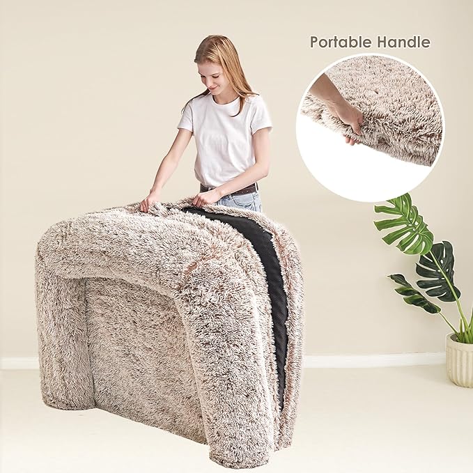 EHEYCIGA Foldable XXL Dog Bed, Faux Fur Fluffy Pet Couch Bed for Extra Large Dogs, Orthopedic Calming Memory Foam Pet Bed, Washable Soft Pet Sofa Bed with Non-Slip Bottom, Faded Brown, 54"x38"x7.5"-PurrikoPets