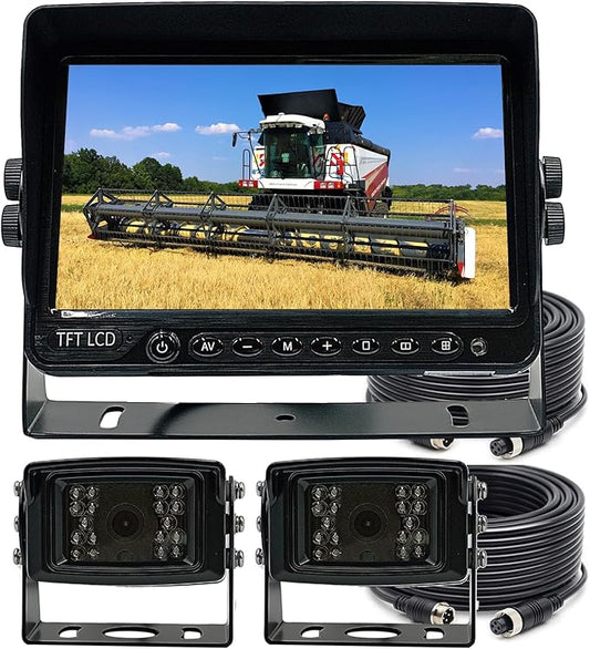 AHD 1080P 7" Reverse Rear View Backup Dual Camera System, Two Cameras with Night Vision Waterproof IP69K Vibration-Proof 10G for Truck/Trailer/RV/Bulldozer/Crop Sprayer/Agricultural Equipment-PurrikoPets