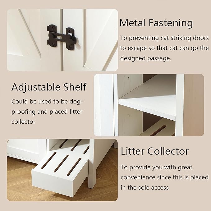 41.3'' Cat Litter Enclosure,Adjustable Shelf for Dog Proof and Storage,Locks Added for Cat, Litter Collector,Small Indoor Cat House,Antique White-PurrikoPets