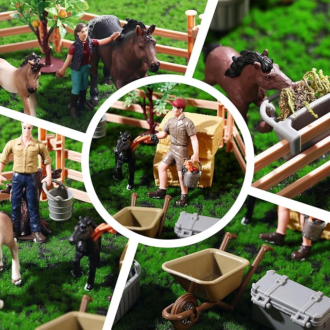 27 Pcs Horse Ranch Playset, 5 Horse Figurines 3 People Figurines 8 Fence 3 Model Trees 1 Moss Mat for Diorama Project Educational Gift Cake Topper-PurrikoPets