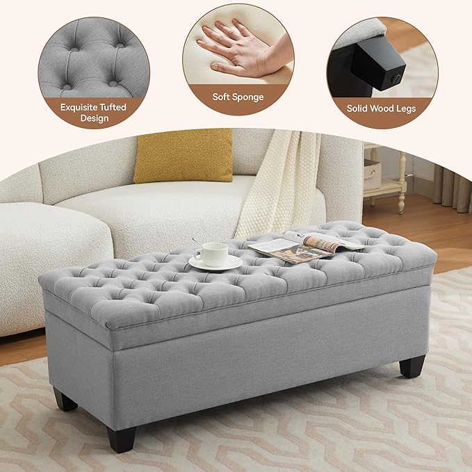 51" Fabric Storage Ottoman Bench, Upholstered Rectangle End of Bed Storage Ottoman Tufted Living Room Bedroom Bench with Safety Hinge, Solid Wood Legs, Loads 500 lb(Light Grey)-PurrikoPets