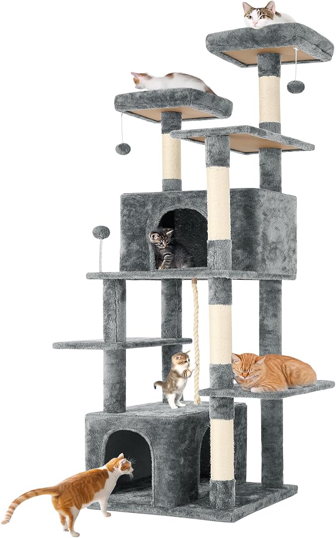 69in Large Cat Tree Tower for Indoor Cats with Soft Plush Hang Ball, Two Condos, Sisal Scratch Posts & Rope Play for Kittens/Adult Cats, Grey-PurrikoPets