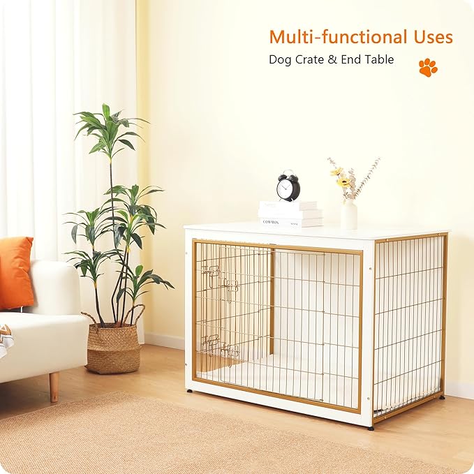 DWANTON Dog Crate Furniture with Cushion, Wooden Kennel Table with Double Doors, Indoor Dog House, Extra Large Size, 43.3" L, White+Gold-PurrikoPets