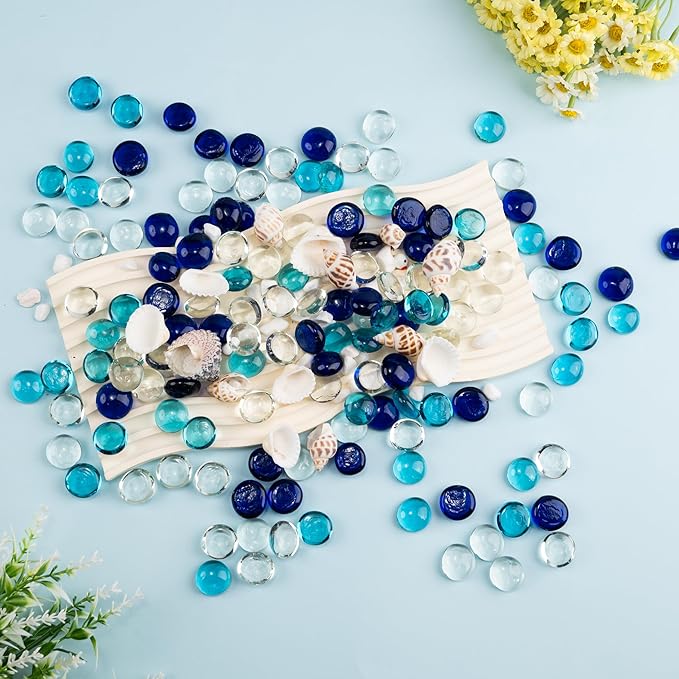 1LB Mixed Blue Glass Marbles, Transparent and Smooth Flat Glass Beads for Vases, Mosaic Gem Pebbles for Aquarium Decor, Floral Arrangements, Mancala Stones, Vase Filler and Crafts (Approx. 80-100 PCS)-PurrikoPets