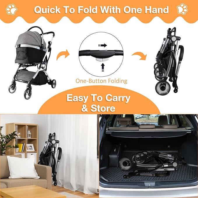 Dog Stroller for Small Medium Dogs, 3 in 1 Folding Pet Stroller Up to 33 lbs, 4 Wheels Pet Strolling Cart with Zipperless Entry, Cat Dog Travel Carrier with Telescopic Handle and Storage Basket-PurrikoPets