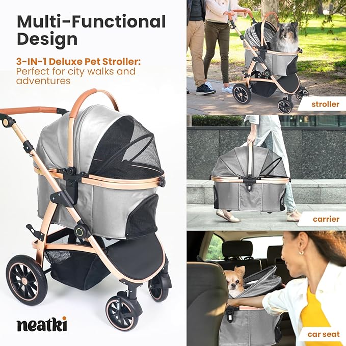 3 in 1 Pet Stroller - Stroller for Small to Medium Dogs and Cats up to 55 lbs, with Detachable Carrier/Car Seat, Foldable and Lightweight, Detachable Cushion + Cup Holder (Gray)-PurrikoPets