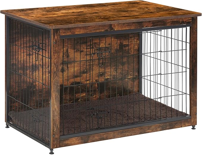 DWANTON Dog Crate Furniture with Cushion, Wooden Kennel Table with Double Doors, Indoor Dog House, Large Size, 38.5" L, Rustic Brown-PurrikoPets