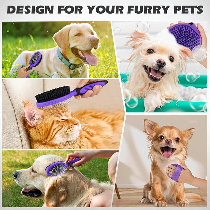 2PCS Pet Grooming Tools - Double-Sided Brush for Shedding and Bathing, Suitable for Short/Long Haired Dogs Cats and Horses, Deshedding Dog Brush, Mane & Tail Combs for Horses - Pet Supplies (Purple)-PurrikoPets