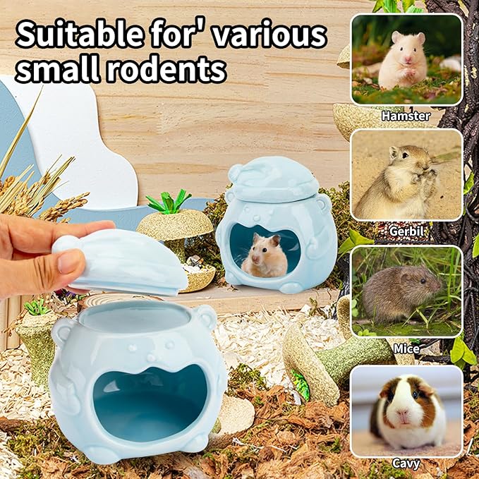 3-in-1 Bear Shaped Ceramic Hamster House - Cool House for Syrian Dwarf Hamsters, Mice, Gerbils， Small Pets, Top for Hamster Food, Removable Lid for Ice Packs, Cute Cool Hideout for Summer（Blue）-PurrikoPets