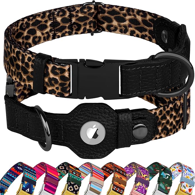 AirTag Dog Collar for Small Medium Large Breed - Adjustable Cute Pattern Dog Collar with Airtag Holder - Soft Leather Tracker GPS Apple Air Tag Pet Collars (X-Large, 20"-25" Neck Fit, Leopard)-PurrikoPets