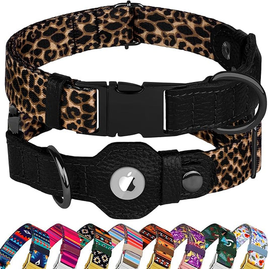 AirTag Dog Collar for Small Medium Large Breed - Adjustable Cute Pattern Dog Collar with Airtag Holder - Soft Leather Tracker GPS Apple Air Tag Pet Collars (X-Large, 20"-25" Neck Fit, Leopard)-PurrikoPets