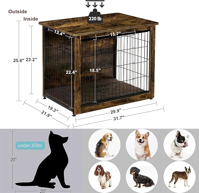 DWANTON Dog Crate Furniture with Cushion, Wooden Kennel Table with Double Doors, Indoor Dog House, Medium Size, 32.5" L, Rustic Brown-PurrikoPets