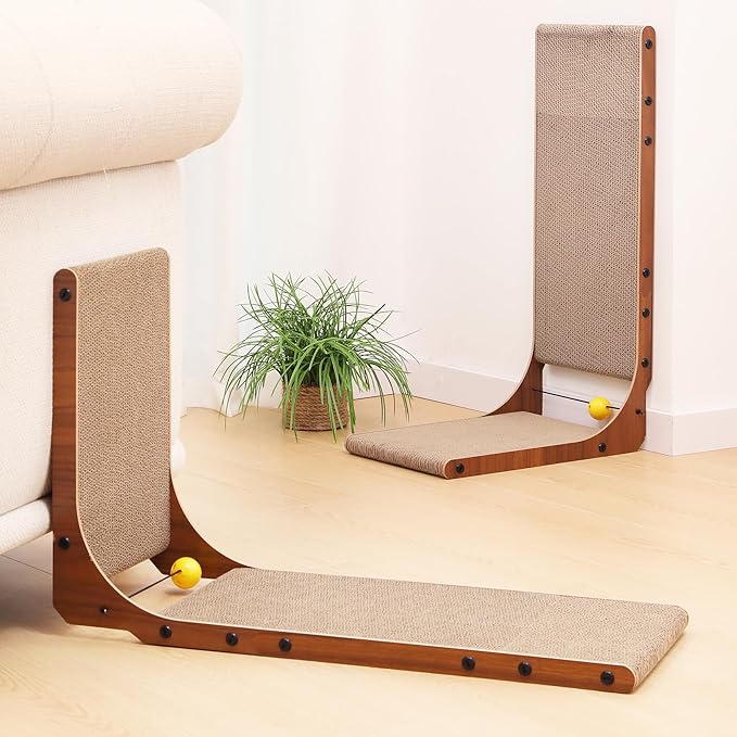 FUKUMARU Cat Scratcher, 26.8 Inch Cat Scratch Pad for Indoor Cats, L Shaped Cardboard Vertical Cats Scratching Board with Ball Toy, Walnut Color, 2 Packs-PurrikoPets