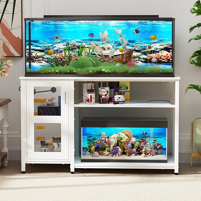 55-75 Gallon Fish Tank Stand with Cabinet, Aquarium Stand for Fish Tank Accessories Storage, Heavy Duty Metal Terrarium Stand, 52" L*19" W Tabletop, 1200LBS Capacity, White-PurrikoPets