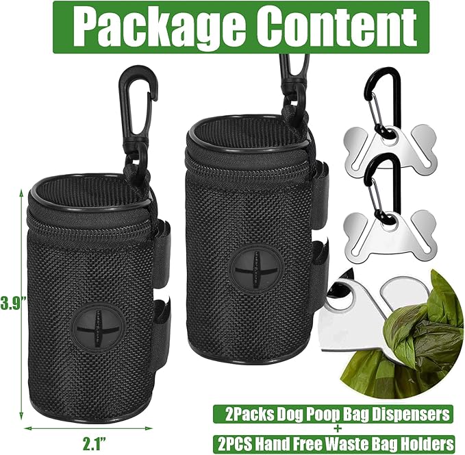 2 Pack Dog Poop Bag Holder for Leash Attachment - Waste Bag Dispenser for Leash - Fits Any Dog Leash - Portable Set with Hand Free Holder Metal Carrier, Black Round Shape-PurrikoPets