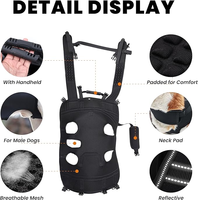 Dog Lift Harness Backpack Carrier for Large Dogs, Full Body Sling with Handle, Dog Harness for Joint Injuries, Arthritis, Ideal for Stairs, Elderly Dogs (Black Large 20-29 LBS)-PurrikoPets
