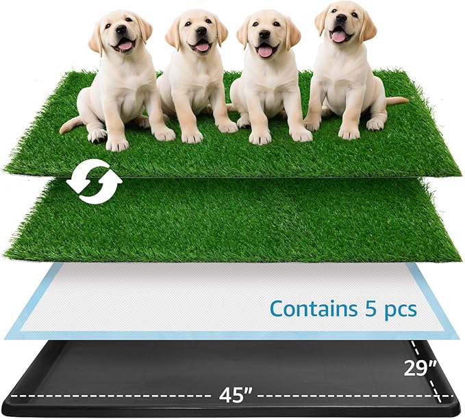 Dog Grass pad with Tray,45”x 29” Indoor Dog Potty with 2 Packs Replacement Artificial Fake Grass-5 Packs Disposable Puppy Pads,for Puppy Training Apartment,Outdoor Use-PurrikoPets