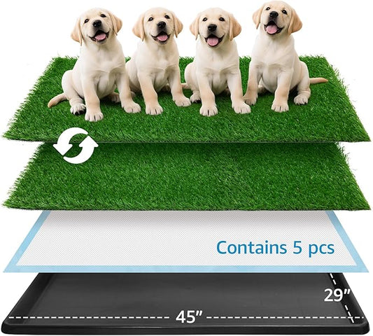 Dog Grass pad with Tray,45”x 29” Indoor Dog Potty with 2 Packs Replacement Artificial Fake Grass-5 Packs Disposable Puppy Pads,for Puppy Training Apartment,Outdoor Use-PurrikoPets