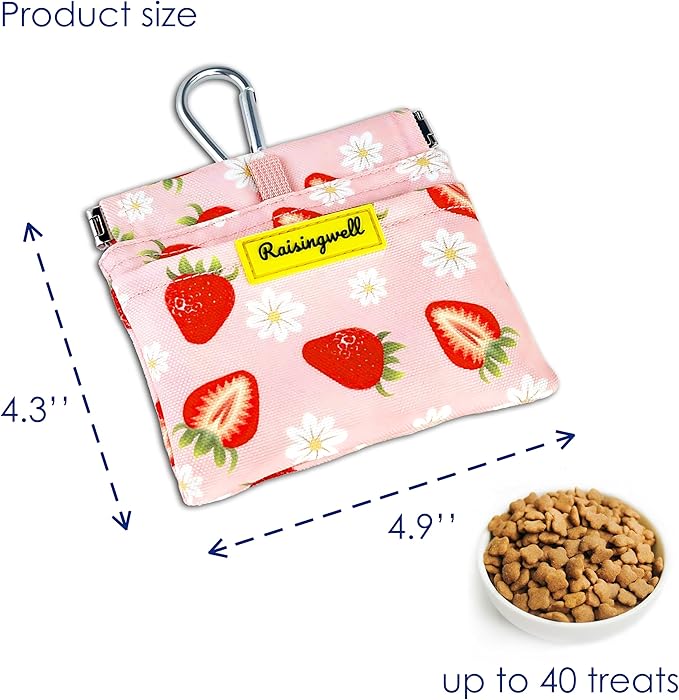 Dog Treat Pouch,Cotton Pocket Sized Training Holder, Hand Free Walking Funny Bag with Carabiner, Self-Closing Pet Feed Snack Reward, Behavior Aids for Puppy Travel or Outdoor Use（Strawberry）-PurrikoPets