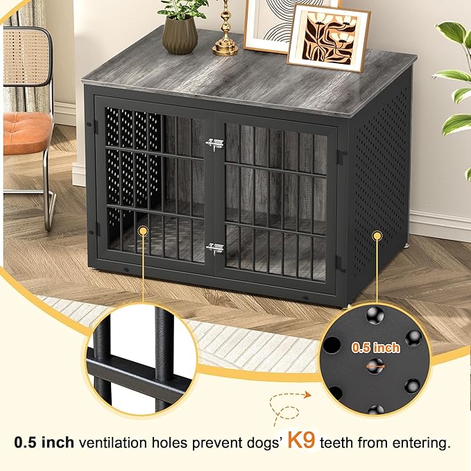 42" Heavy Duty Dog Crate Furniture for Large and Medium Dogs, Enclosed Design Wooden Metal Kennel, Pet Cage Furniture Indoor, Decorative Dog Kennel, End Table-PurrikoPets