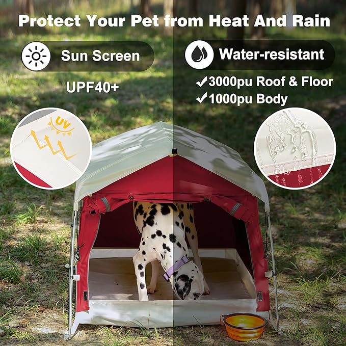 Dog Tent Cotton Fabric, Aluminum Poles and Camping Mat, Outdoor Weatherproof, Dog House Outdoor, Breathable with 2 Side Windows, Portable and Collapsible (Red, Large)-PurrikoPets