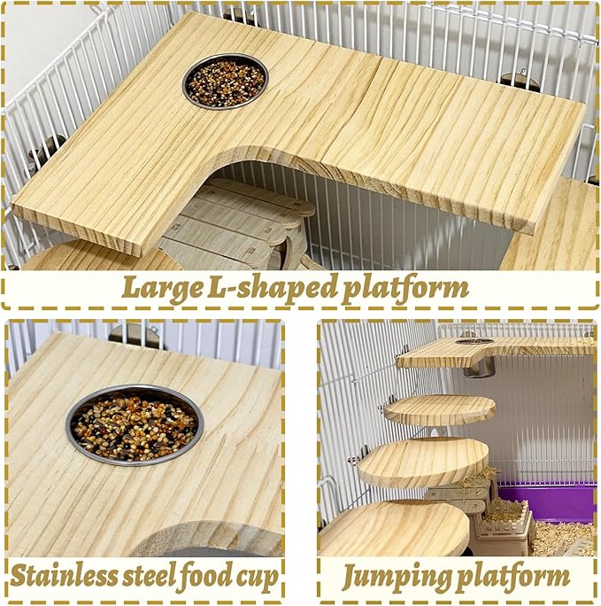 8 Pcs Wooden Hamster Cage Platform Set Wood Juvenile Chinchilla Shelves, Squirrel L-Shape Corner Ledge with Hole Cooling Standing Board Rat Cage Accessories for Gerbil Small Animal Climbing-PurrikoPets