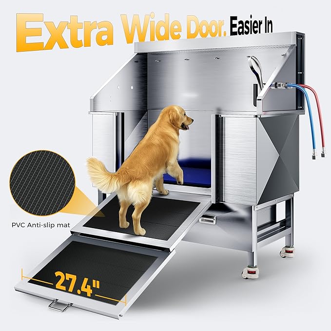 50" Dog Washing Station - 304 Stainless Steel, 27.4" Wide Ramp, Water-Storing Dog Bathing Station w/Swivel Wheels, Pet Proof Faucet, 2 Drawers, Dog Bathtub for Medium & Small Dogs-PurrikoPets