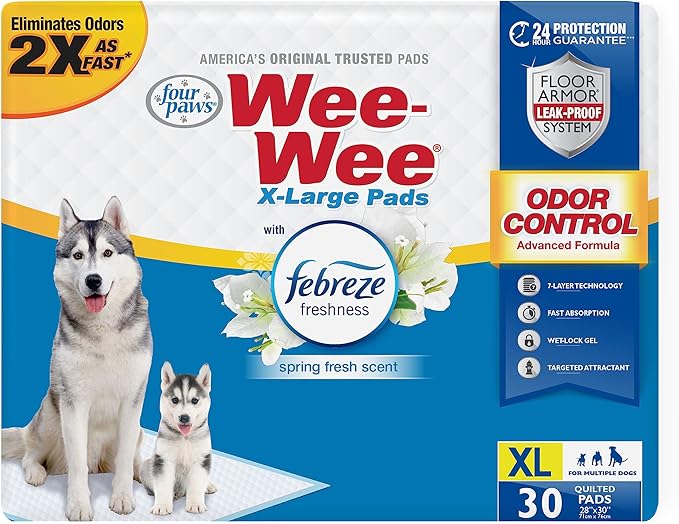 Four Paws Wee-Wee Odor Control with Febreze Freshness Pee Pads for Dogs & Puppies, Leak-Proof Dog Housebreaking Potty Training Floor Protection, Spring Fresh Scent, 28" x 30", 30 Count-PurrikoPets