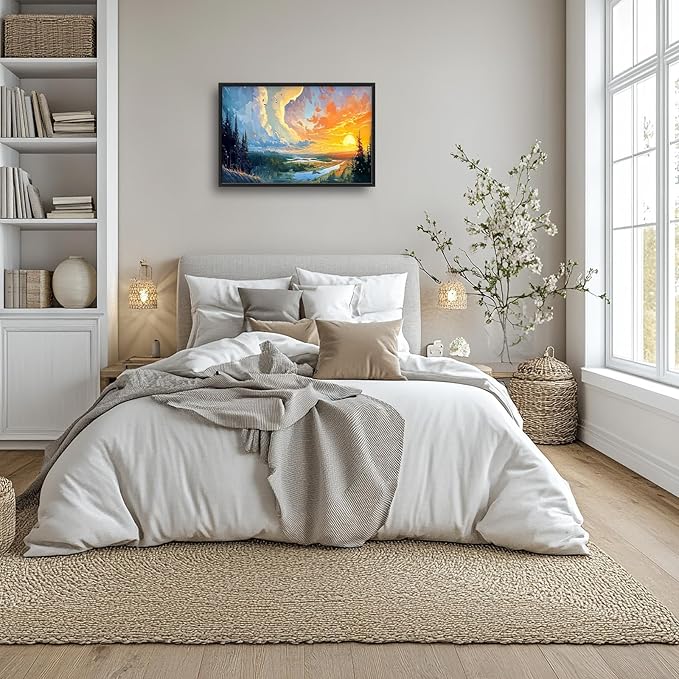 Framed Large Sunrise Wall Art for Living Room, Oversized Sunrise Wall Decor Forest Lake Landscape Canvas Print Natural Picture Home Decoration for Bedroom Living Room Office 36"x24"-PurrikoPets