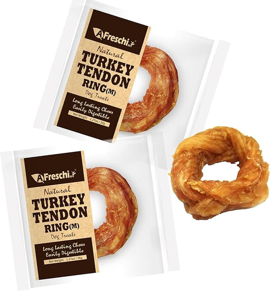 Afreschi Natural Turkey Tendon Ring (M) Pack of 2, Dog Treats for Signature Series, All Natural Human Grade Puppy Chew, USA-Sourced Turkey Tendon, Hypoallergenic, Rawhide Alternative-PurrikoPets