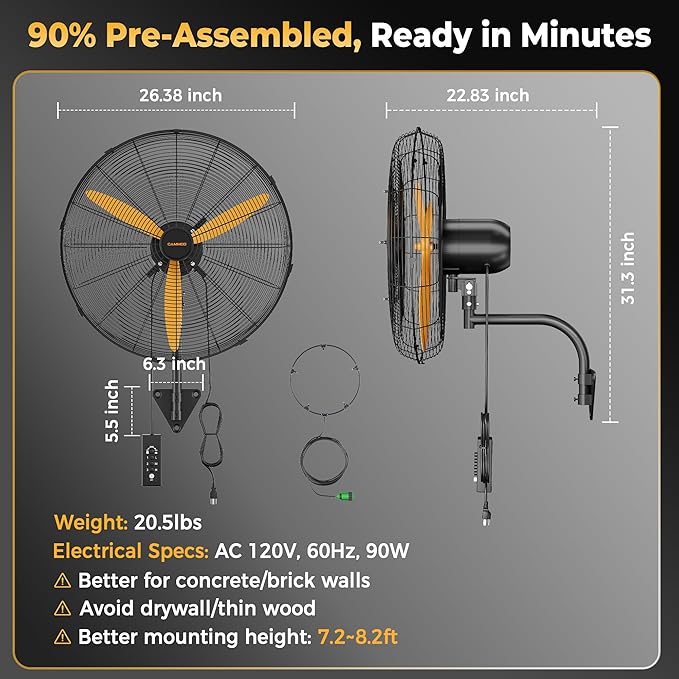 24 Inch Oscillating Misting Wall Mount Fan, Extra Long 3.9ft Wired Remote and 9.8ft Power Cord, IP44 Industrial Commercial Wall Mounted Fan for Greenhouse, Garage, Workshop, Covered Patio-PurrikoPets