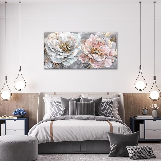 Extra Large Flower Wall Art Pink and White Floral Canvas Living Room Golden Pictures Framed Prints Oversize Wall Decor Big Painting Artwork for Bedroom Dining Office Home 60"x30"-PurrikoPets