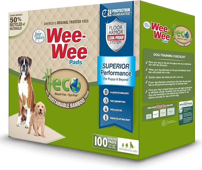 Four Paws Wee-Wee Superior Performance Bamboo Pee Pads for Dogs, Earth Friendly Dog & Puppy Potty Training Pads, Crate Liners, Housebreaking Supplies, 22" x 23" (100 Count)-PurrikoPets
