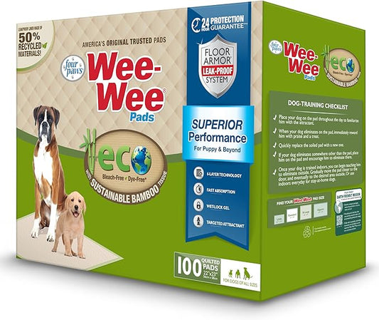 Four Paws Wee-Wee Superior Performance Bamboo Pee Pads for Dogs, Earth Friendly Dog & Puppy Potty Training Pads, Crate Liners, Housebreaking Supplies, 22" x 23" (100 Count)-PurrikoPets