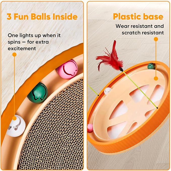 20-Inch Round Cat Scratcher with Ball Track – 3-in-1 Cardboard Cat Scratching Pad with Feather Toys, Non-Slip Base – Interactive Cat Toy for Indoor Cats, Kitten Scratch Play Lounge Board (Orange)-PurrikoPets