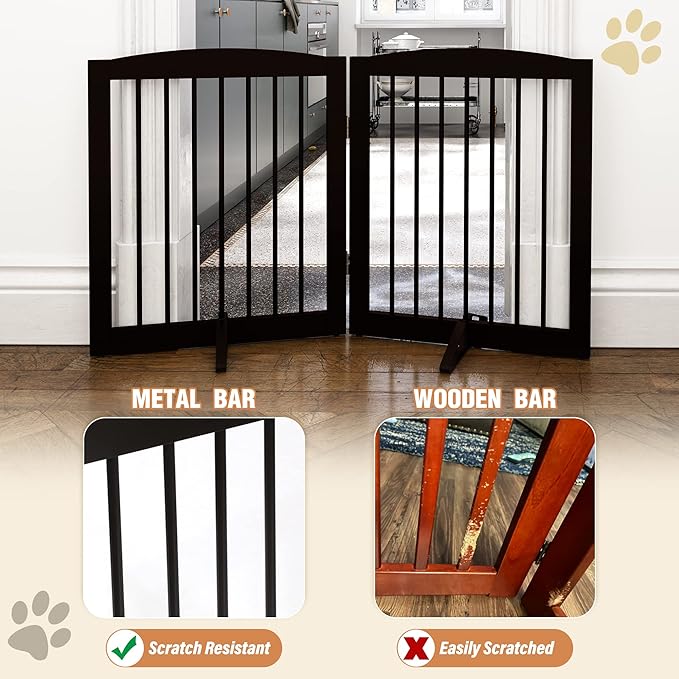 Freestanding Pet Gate for Dogs, Foldable Wooden Dog Gate for House, Indoor Pet Barrier for Stairs, Doorways, Support Feet Included, 24" Height 2 Panels, Brown-PurrikoPets