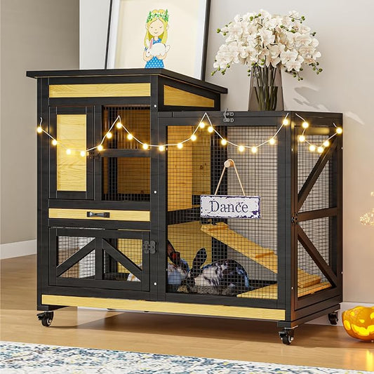 40'' Rabbit Cage Bunny Cage Indoor, Outdoor Rabbit Hutch for Small Animals, 2-Story Wooden Guinea Pig Cages with Wheels & 2 Deeper No Leak Trays, Waterproof Openable Roof & Bottom Wire Mesh-PurrikoPets